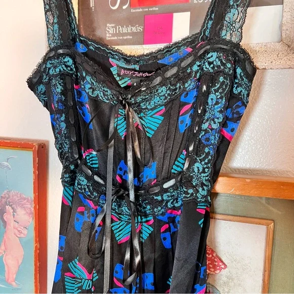 Betsey Johnson Bow Lace Trim Silk Milkmaid Dress - Picture 5 of 8